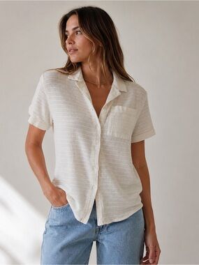 AYR The Pool Boy Open Weave Cotton Button Up Shirt Sz Small Ivory Cream